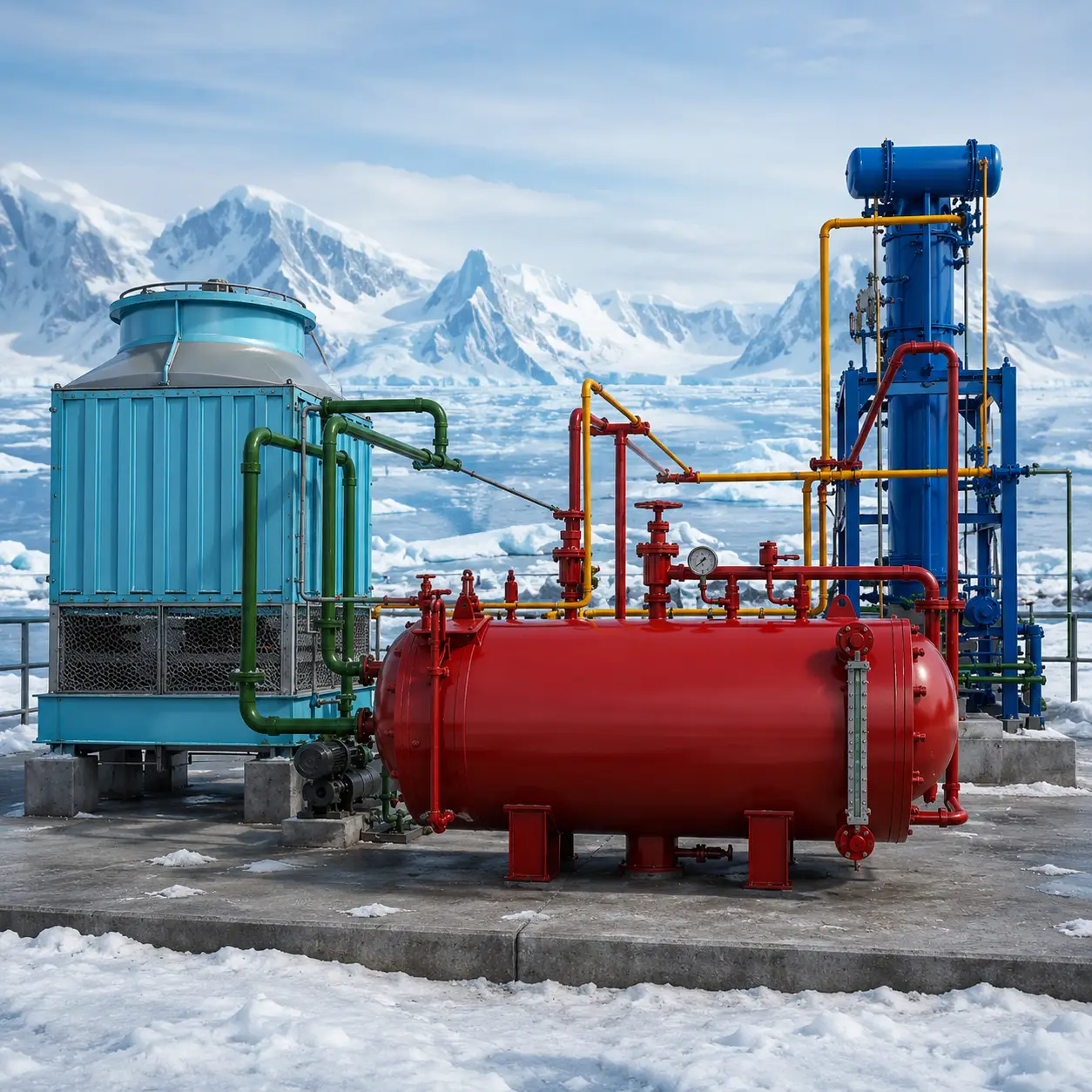 Industrial tube ice machine with red tank and blue piping