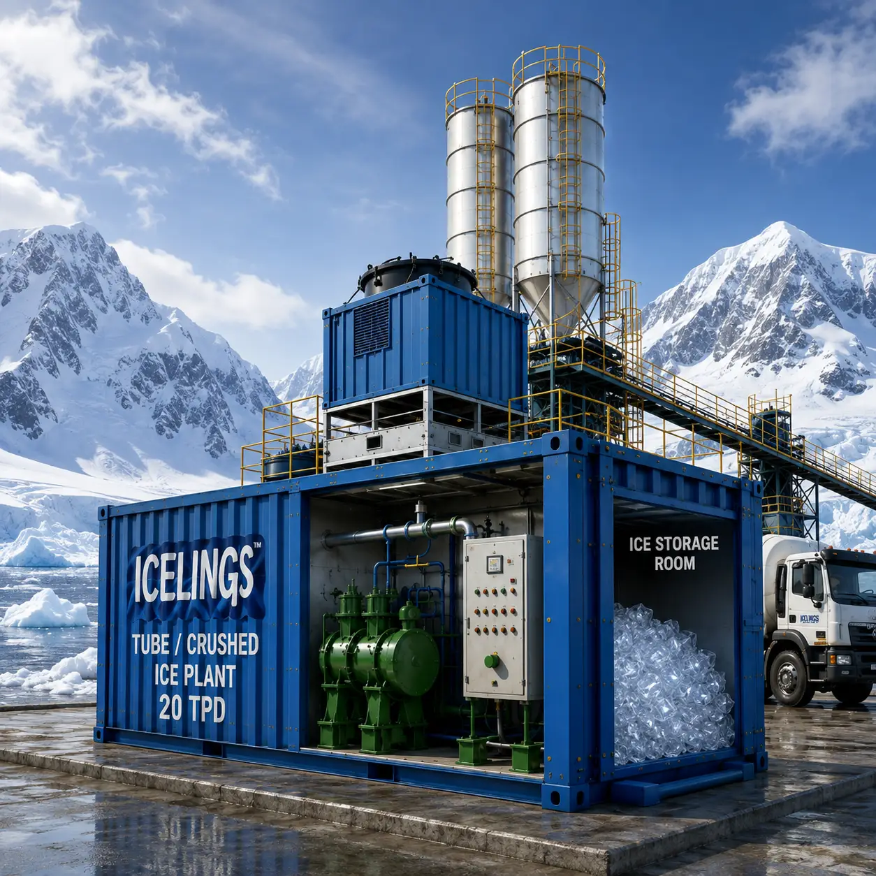 Containerized Icelings tube ice plant for concrete cooling
